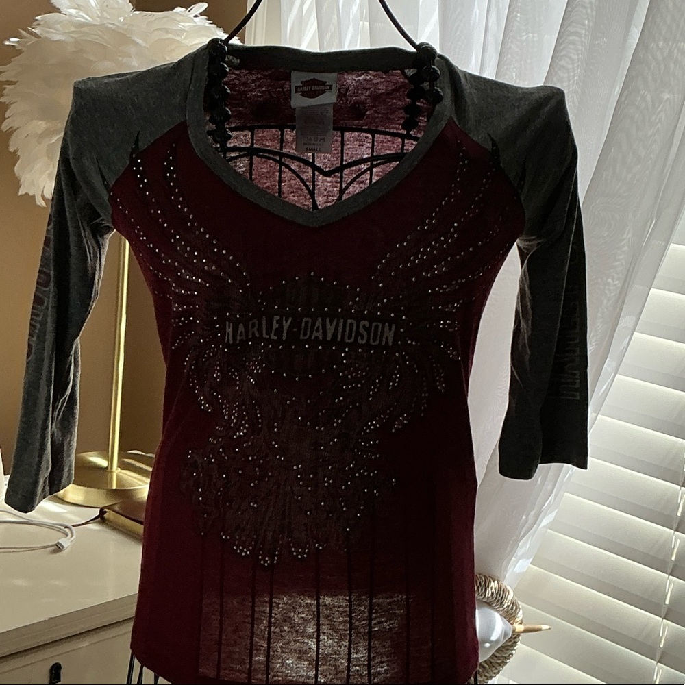 Harley-Davidson Women's Burgundy and Gray Rhinestone Raglan V-Neck Top
